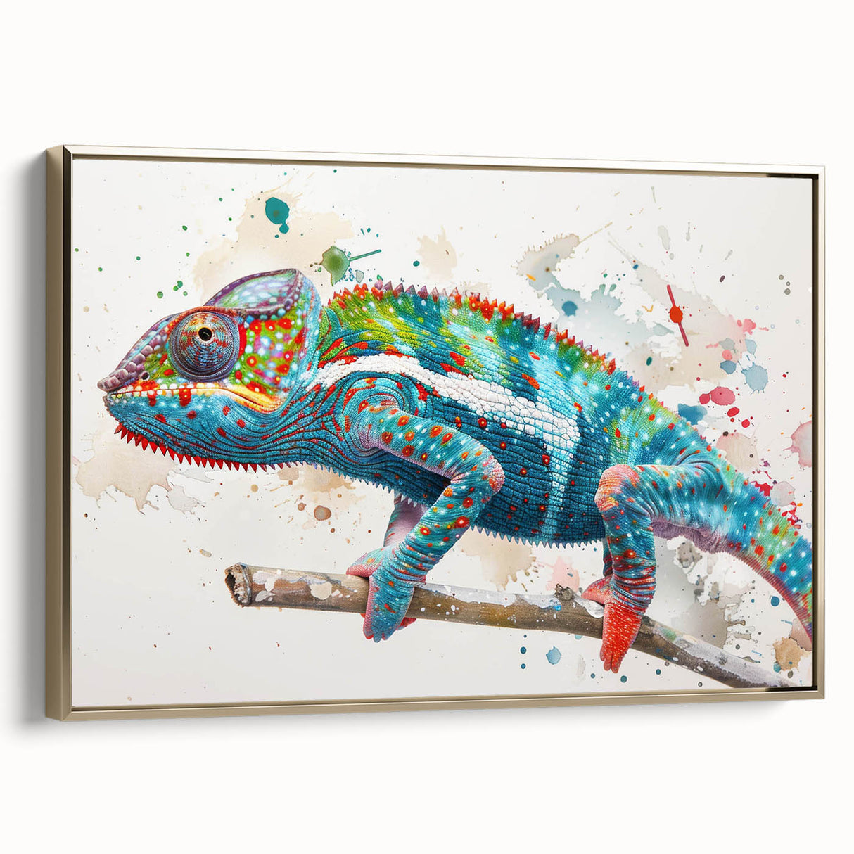 Framed wall art featuring a vibrant chameleon design in gold tones, showcasing intricate details on a textured surface, perfect for reptile enthusiasts and home decor.