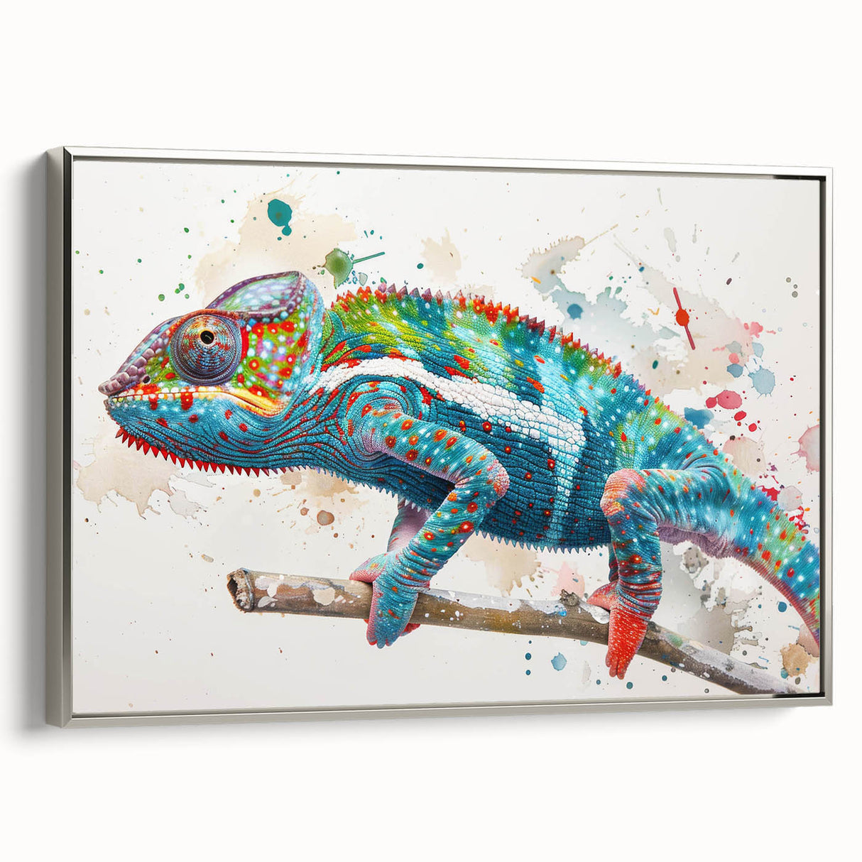 Framed wall art showcasing a vibrant chameleon design in silver, perfect for reptile enthusiasts; features intricate details and a modern aesthetic.