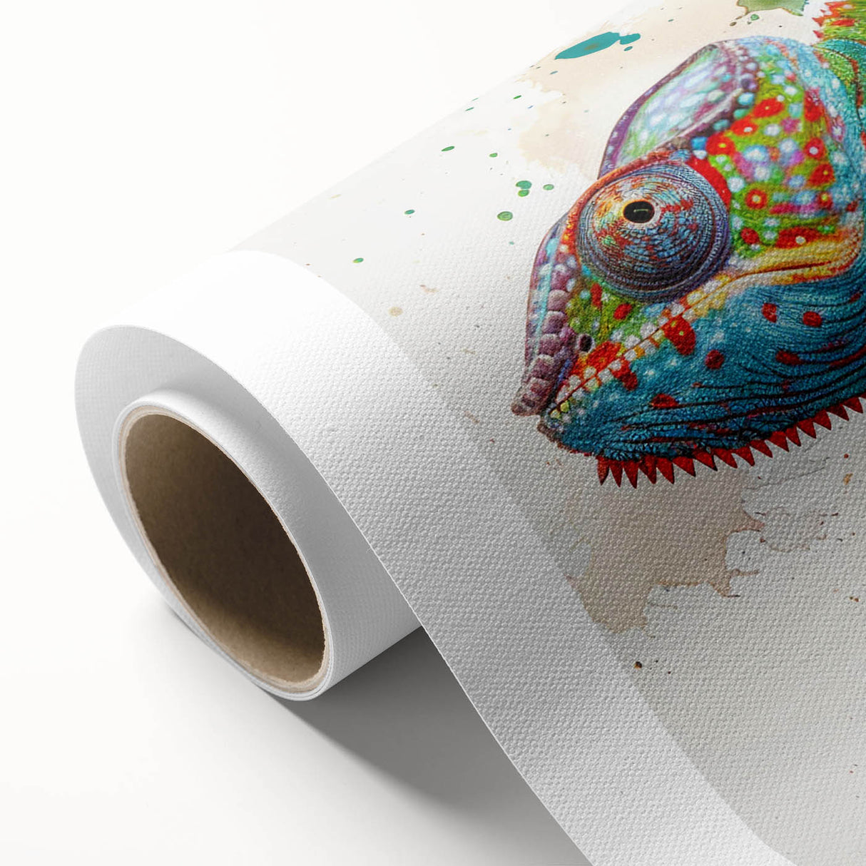 Colorful chameleon wall art on rolled canvas, showcasing vibrant greens and blues, perfect for reptile enthusiasts and modern home decor. Ideal for adding a unique touch to any room.