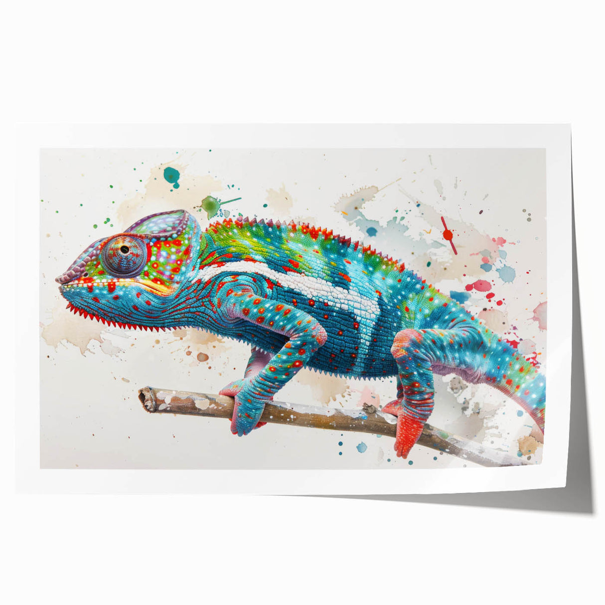 Vibrant chameleon wall art print showcasing intricate designs and vivid colors, rolled and ready for display in a stylish home decor setting.