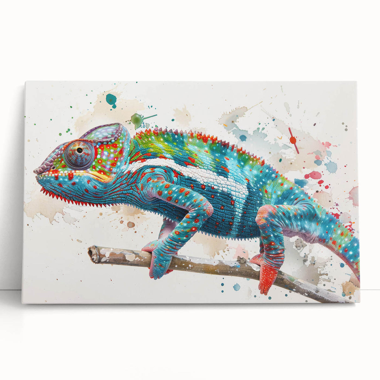 Vibrant chameleon wall art collection on stretched canvas, showcasing intricate designs and colors, ideal for reptile enthusiasts and contemporary decor. Perfect for adding a unique touch to any living space.