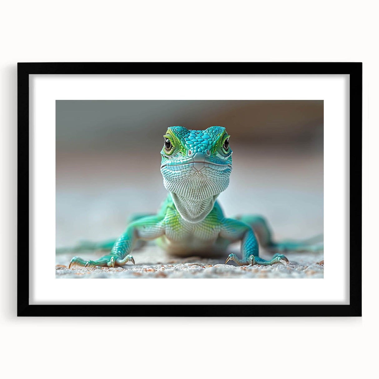 Black-framed wall art showcasing a colorful reptile lizard design, perfect for nature-inspired decor in modern interiors. Ideal for animal lovers and art enthusiasts.