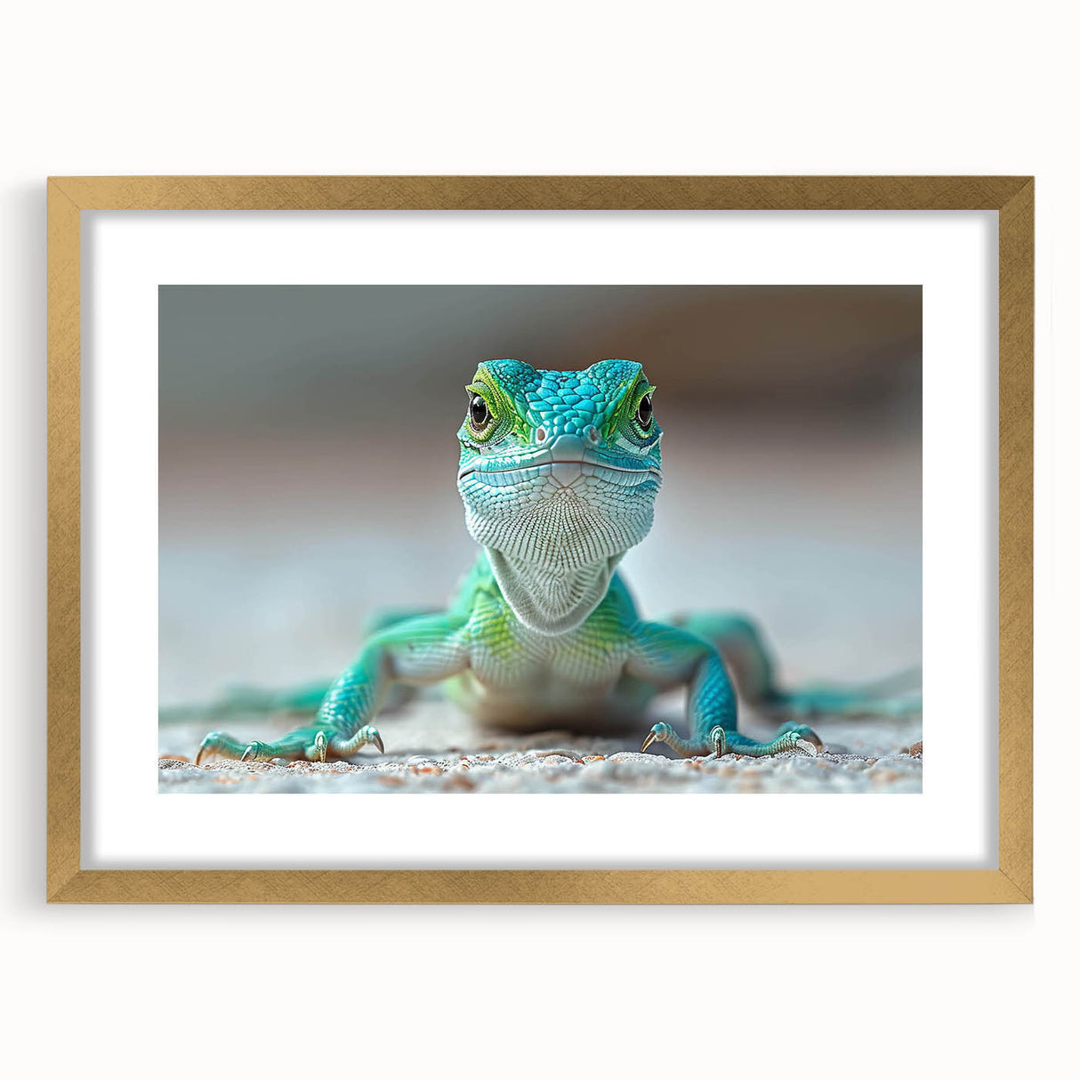 Gold-framed wall art showcasing a vibrant reptile lizard design, featuring intricate details and a decorative mat, perfect for enhancing home decor.