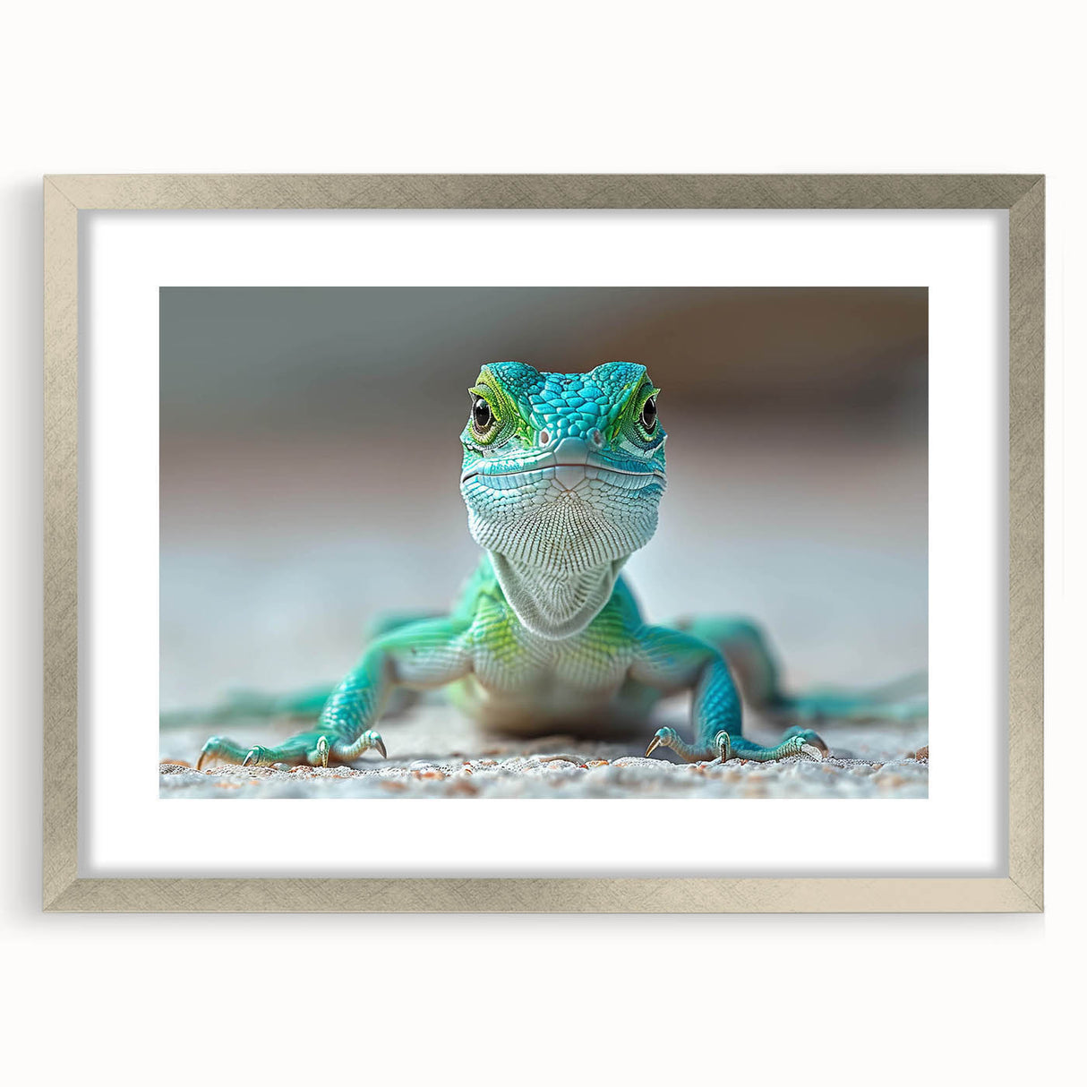 Framed wall art featuring a detailed reptile lizard design, highlighted by a silver frame and matting, ideal for home decor enthusiasts and reptile lovers.