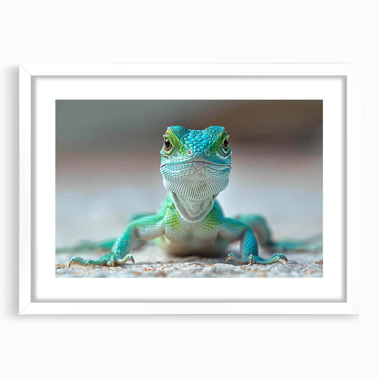 Framed wall art featuring a vibrant lizard design on a white mat, showcasing intricate details and vivid colors, perfect for reptile enthusiasts and home decor.