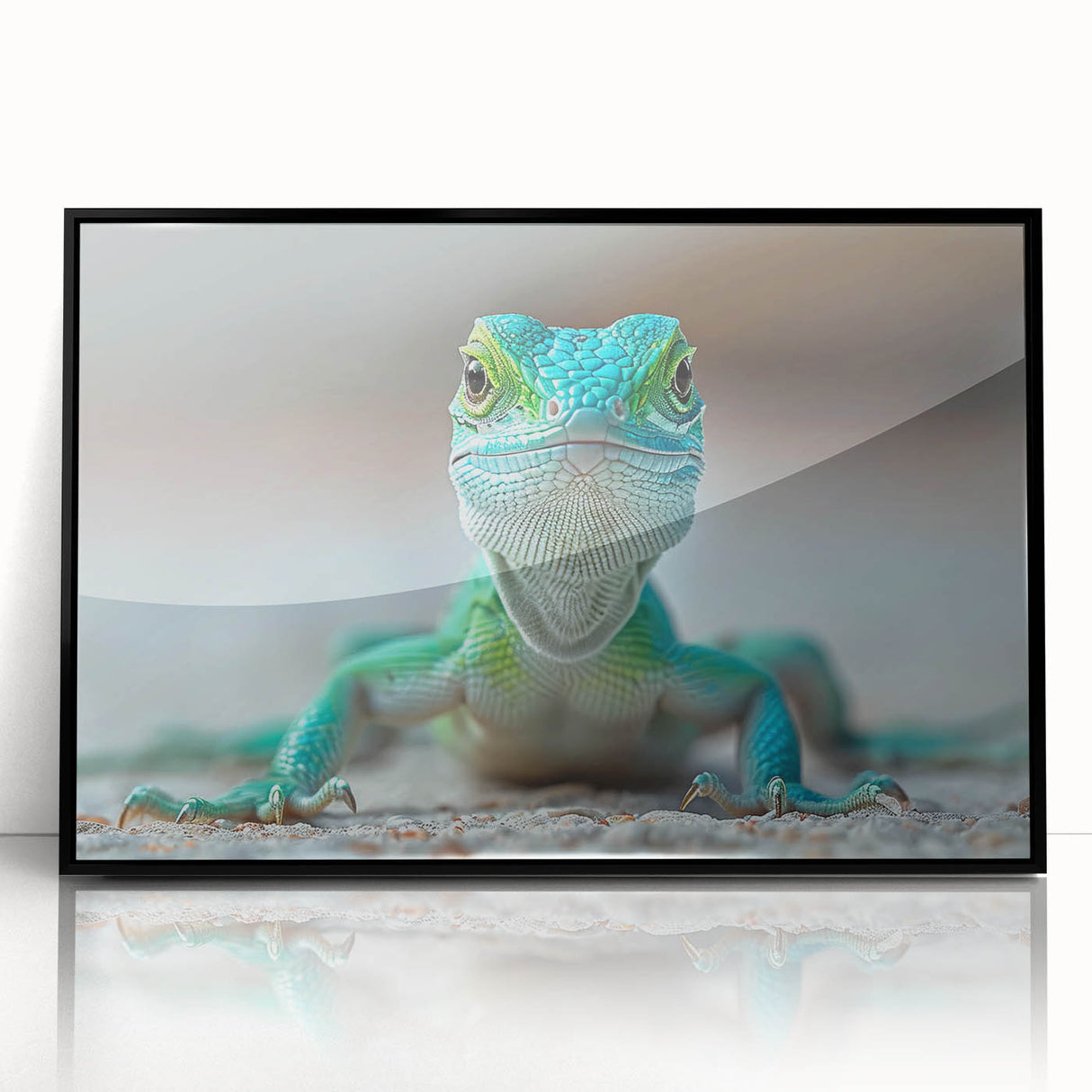 Framed wall art featuring a vibrant lizard design, presented in a sleek black frame with acrylic front, perfect for reptile enthusiasts and modern decor.