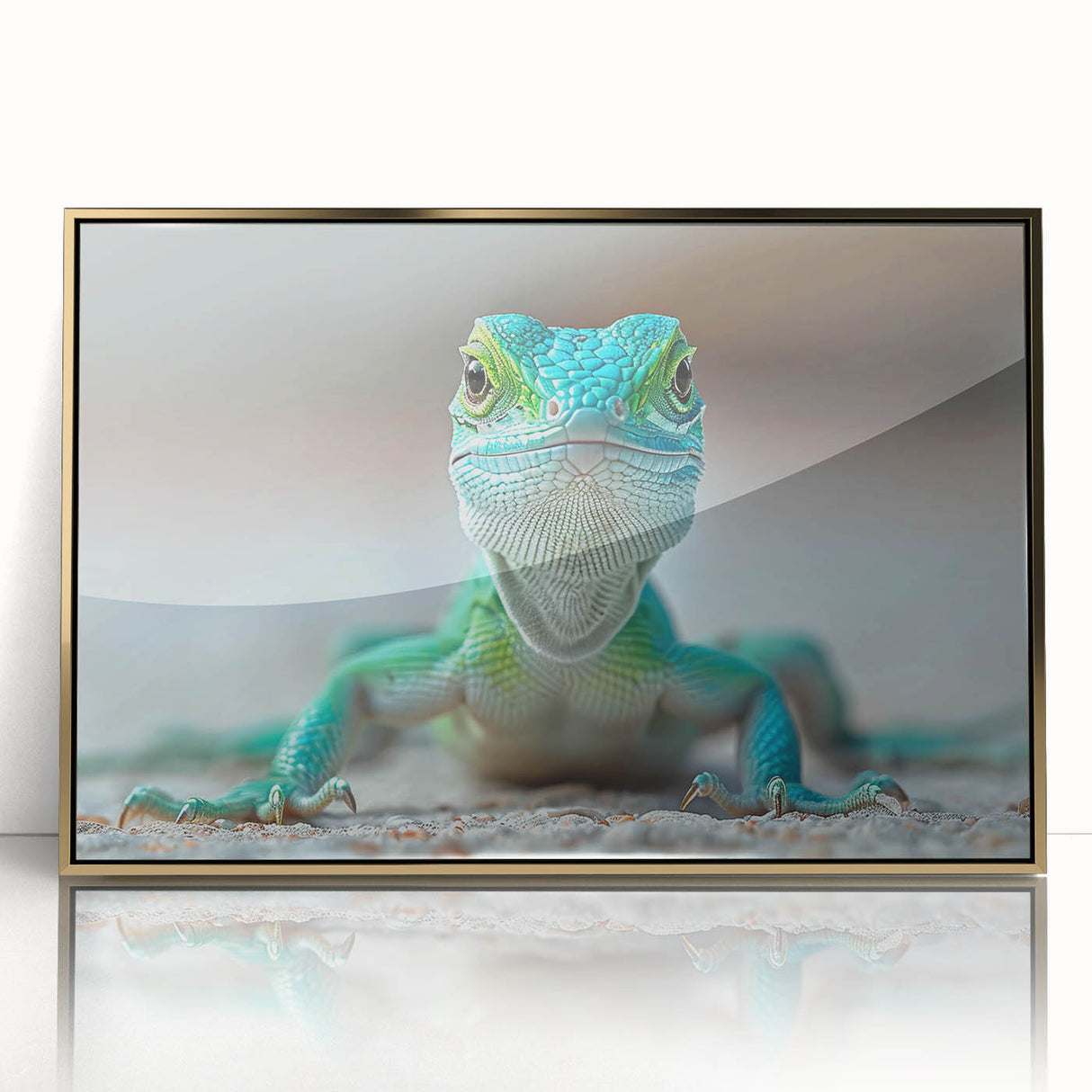 Framed wall art featuring a detailed reptile lizard design, presented in an elegant gold-acrylic frame, ideal for nature-themed decor. Perfect for reptile enthusiasts or unique home styling.
