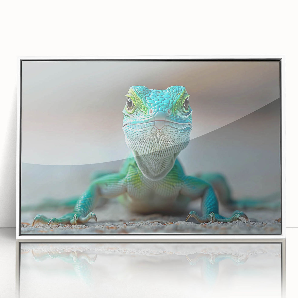 Framed wall art featuring a vibrant lizard design on a white background, perfect for reptile enthusiasts, adding a colorful touch to home decor.