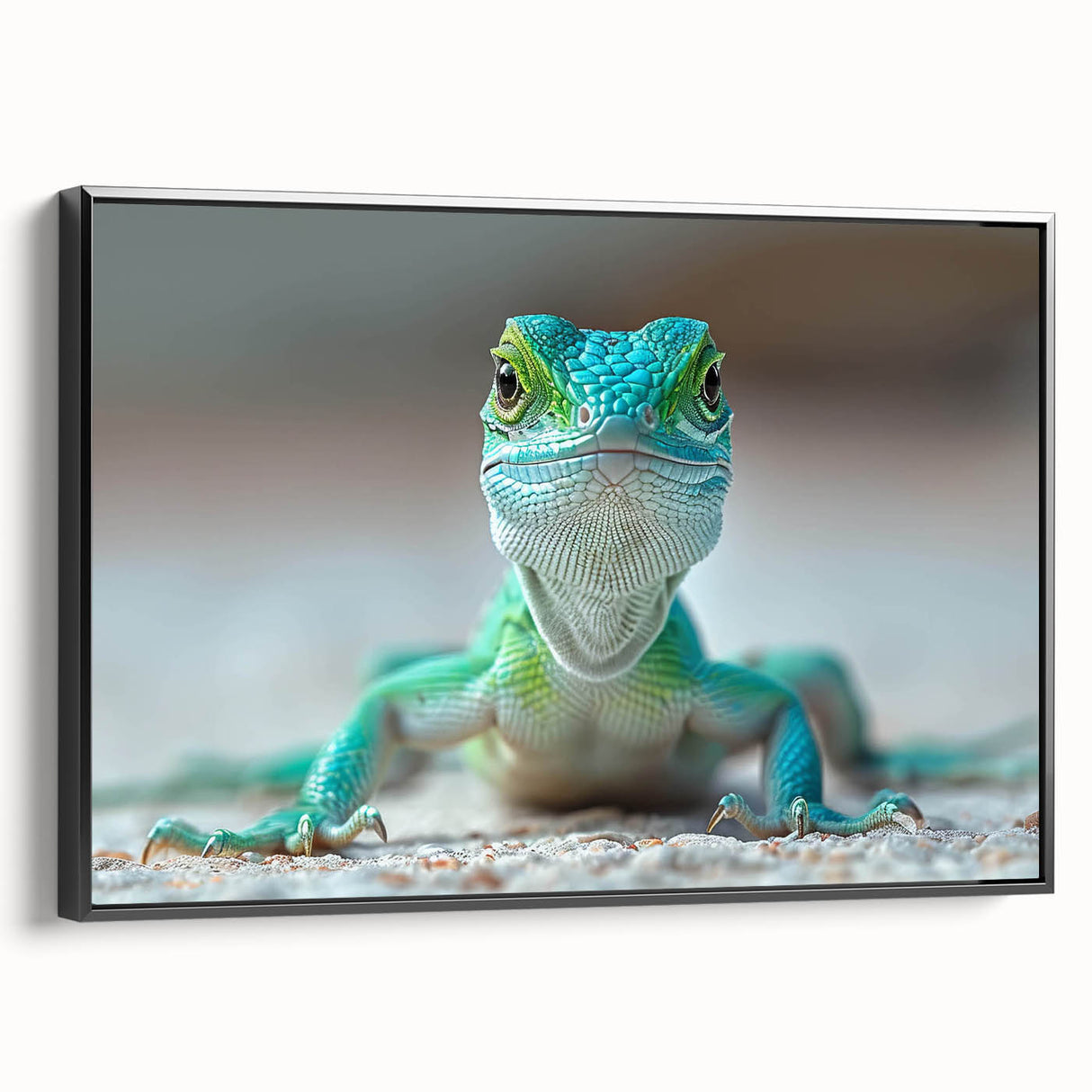 Framed wall art featuring a striking lizard design in vibrant colors on a black background, showcasing intricate details and textures, perfect for reptile enthusiasts.