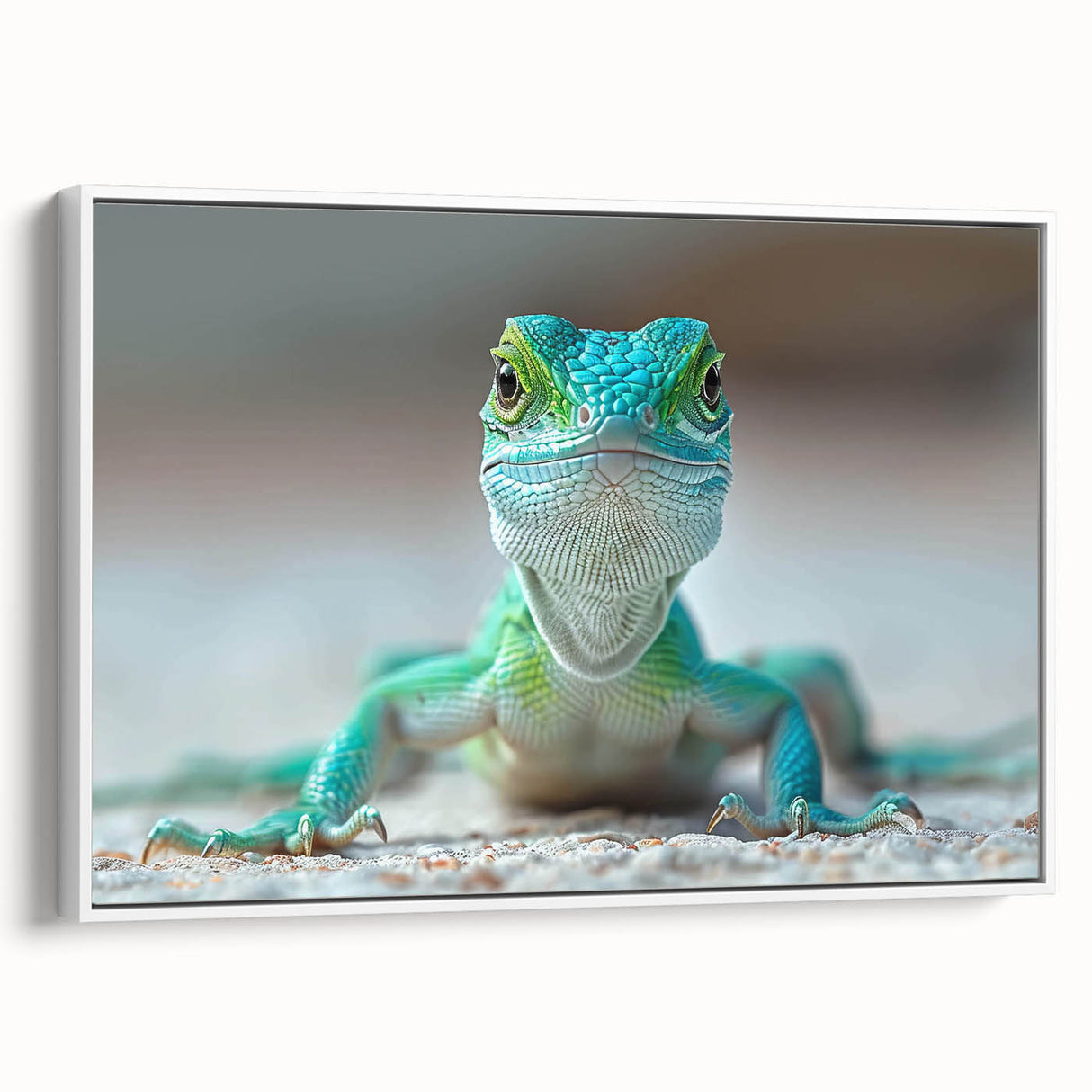Framed canvas wall art showcasing a detailed reptile lizard design, displayed from a side view against a white background, perfect for enhancing modern decor.