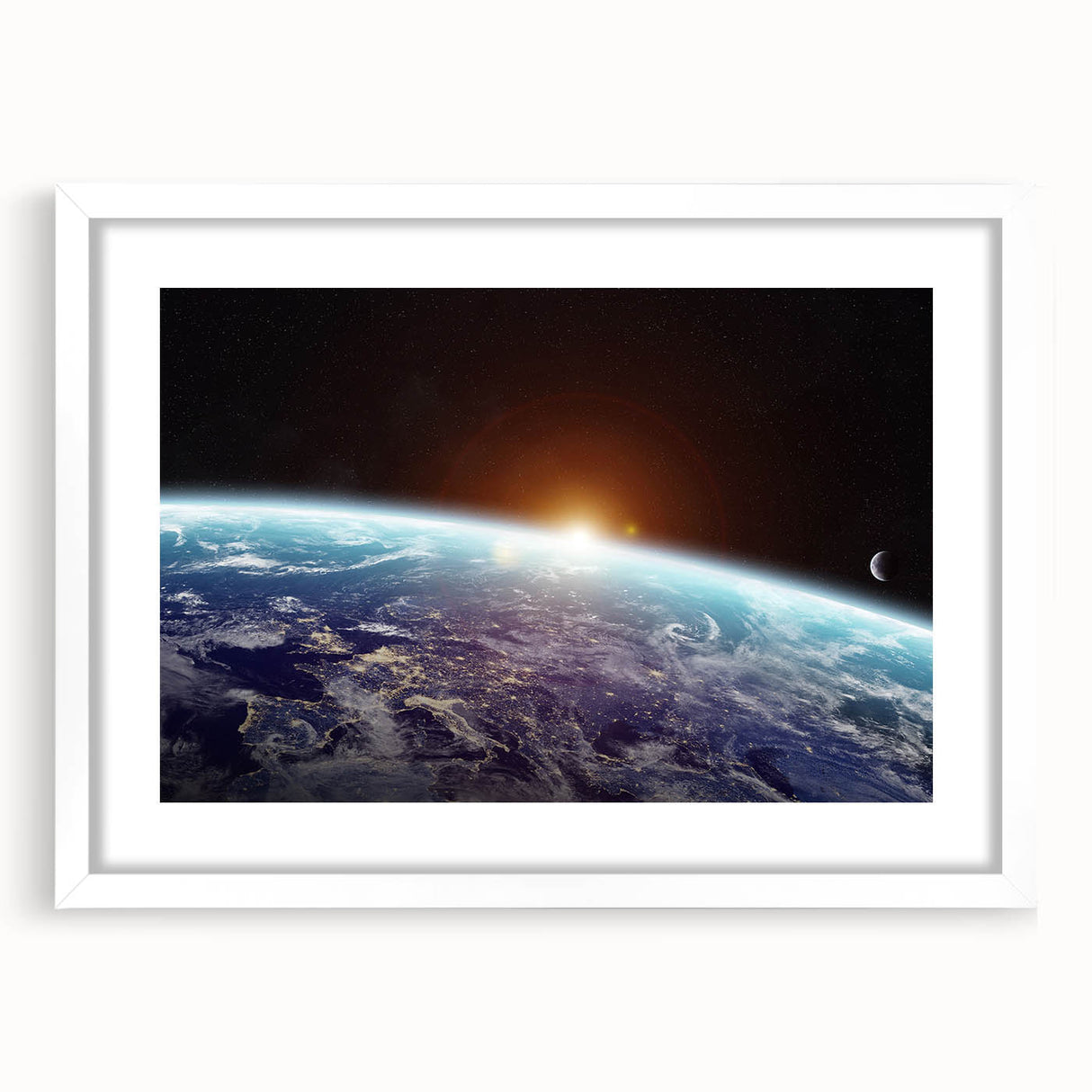 Sunrise Over Earth Wall Art - Space View of Earth with Moon Decor