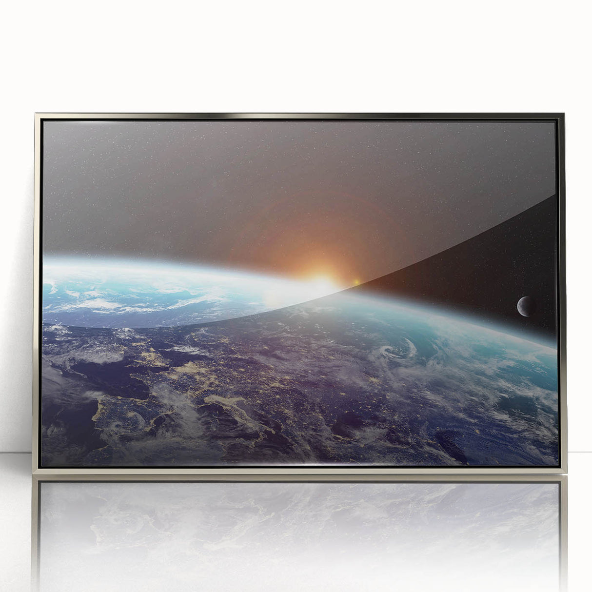 Sunrise Over Earth Wall Art - Space View of Earth with Moon Decor