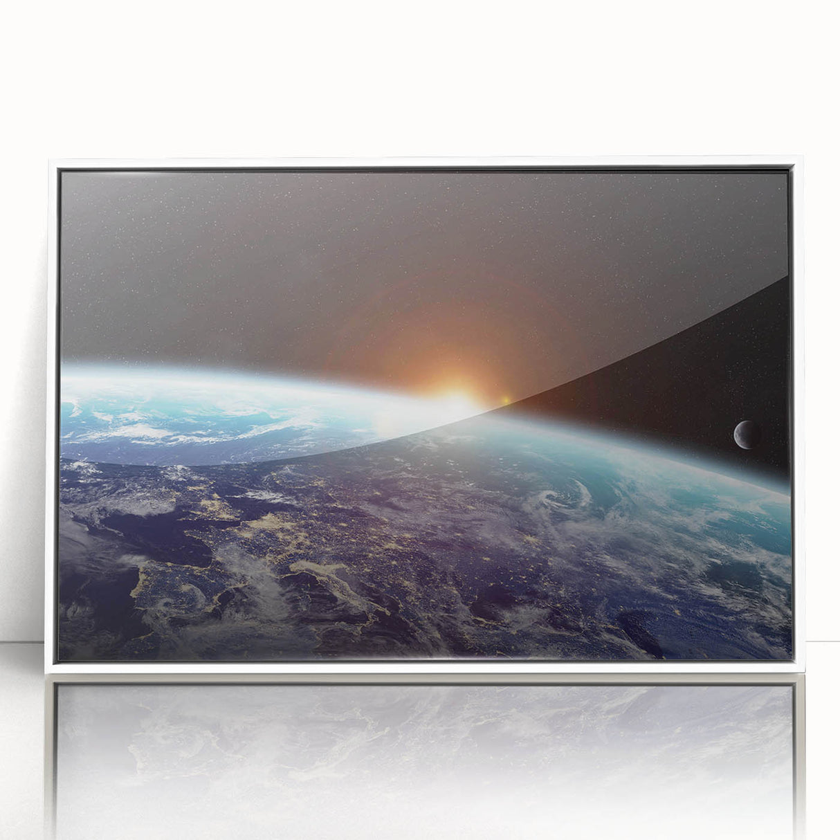 Sunrise Over Earth Wall Art - Space View of Earth with Moon Decor
