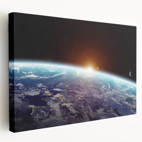 Sunrise Over Earth Wall Art - Space View of Earth with Moon Decor