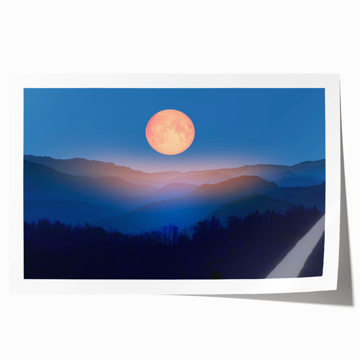 Golden Full Moon Over Misty Mountains – Elegant Celestial Wall Art