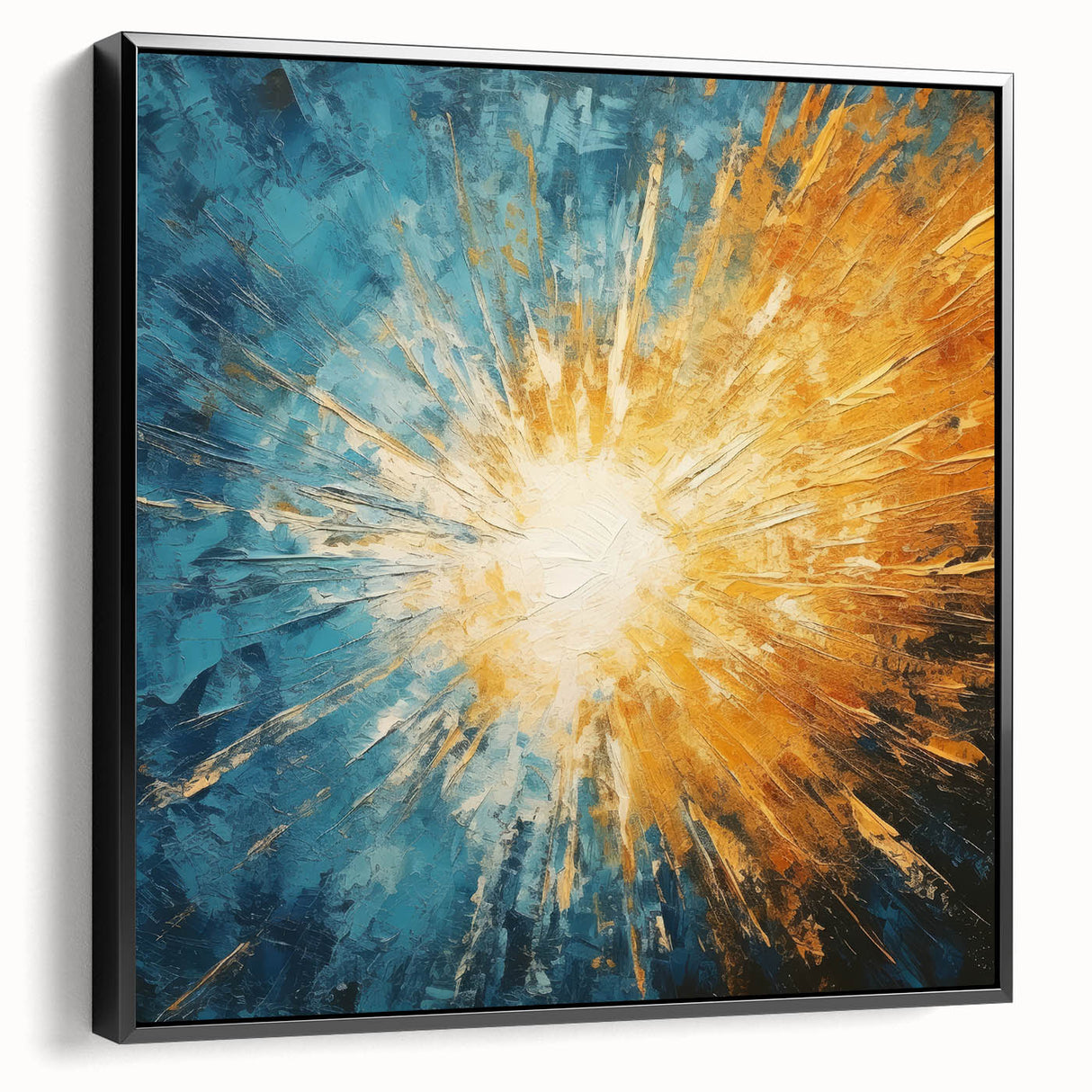 Radiant Sunburst Abstract – Dynamic Sun Wall Art with Blue and Gold