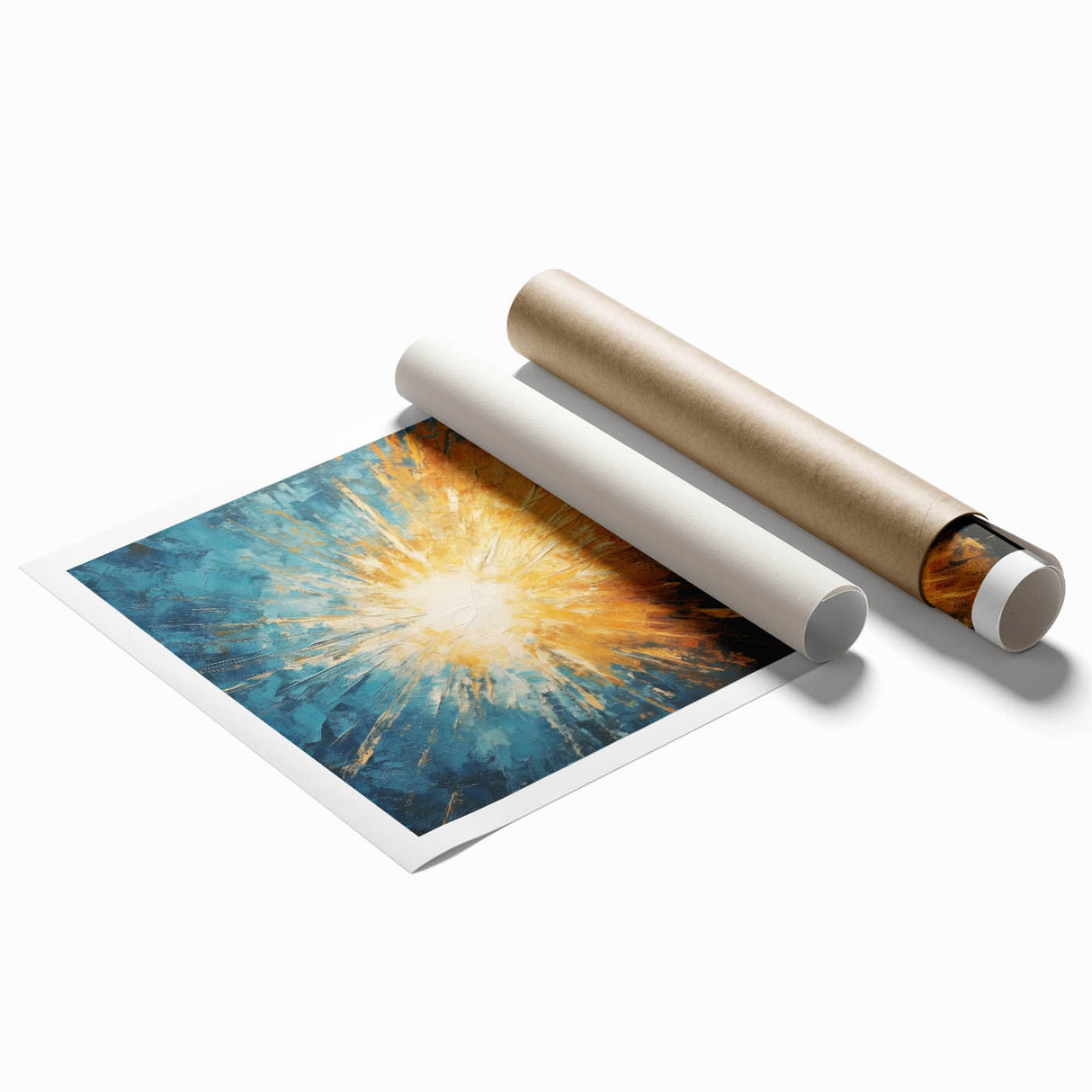Radiant Sunburst Abstract – Dynamic Sun Wall Art with Blue and Gold