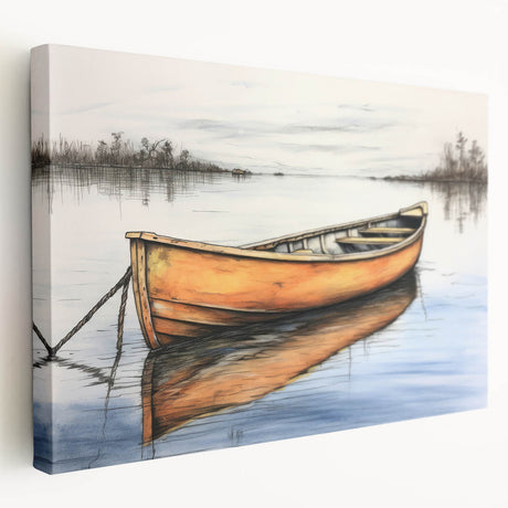 Rowboat on calm water acrylic print in muted blue and gray tones, ideal for kitchen wall art.