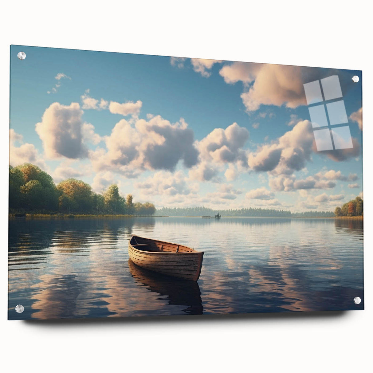 Acrylic print of a rowboat in muted blues and grays, ideal for dining room decor.