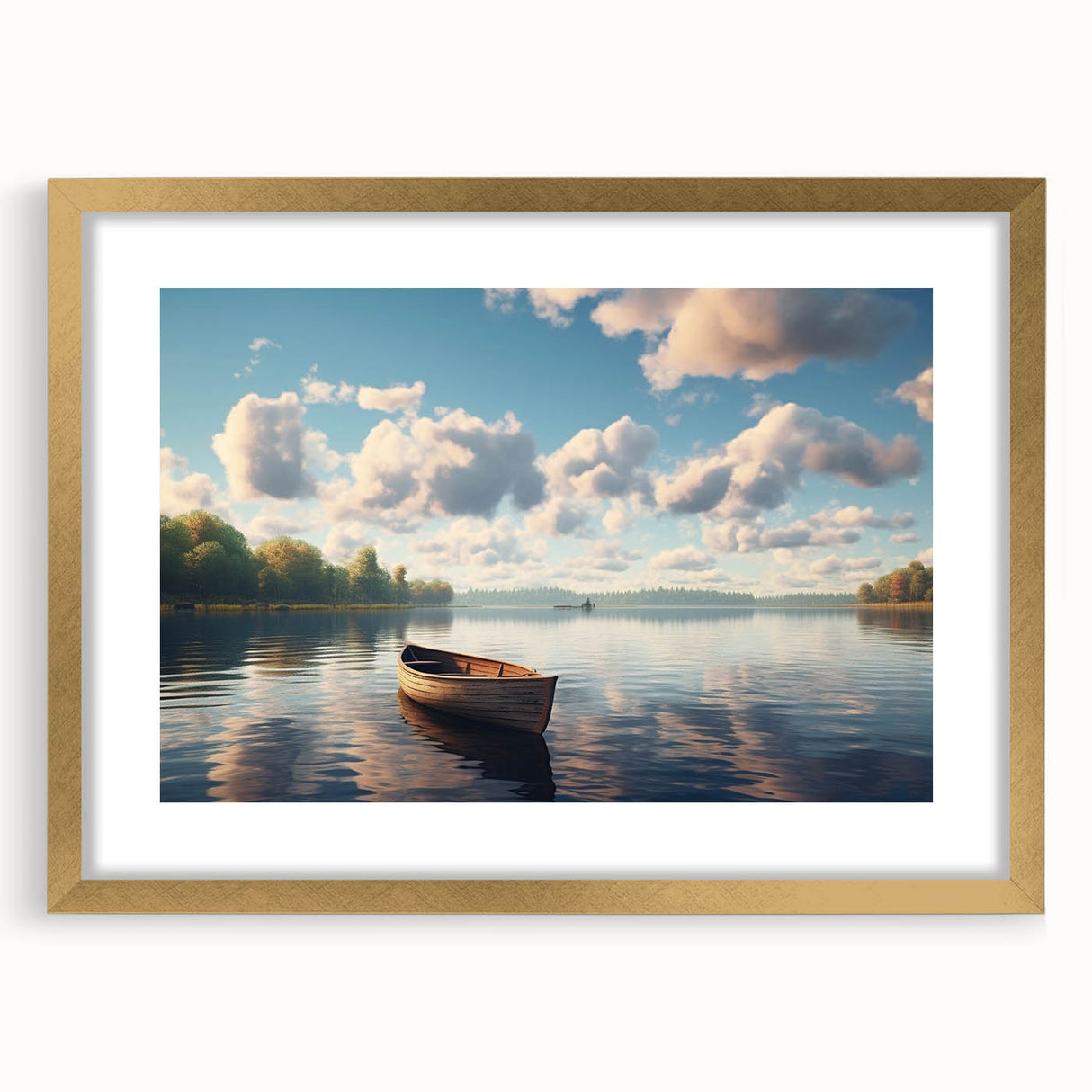 Textured art of an abstract rowboat in muted blue and gray tones on a gold-framed canvas, suitable for bedroom decor.
