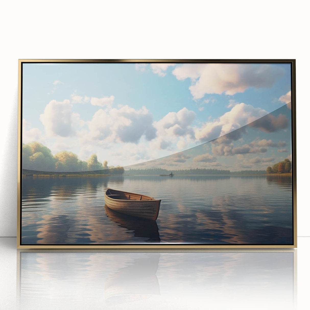 Mid-century modernist art depicting a rowboat on water, rendered in muted earth tones on a framed acrylic.