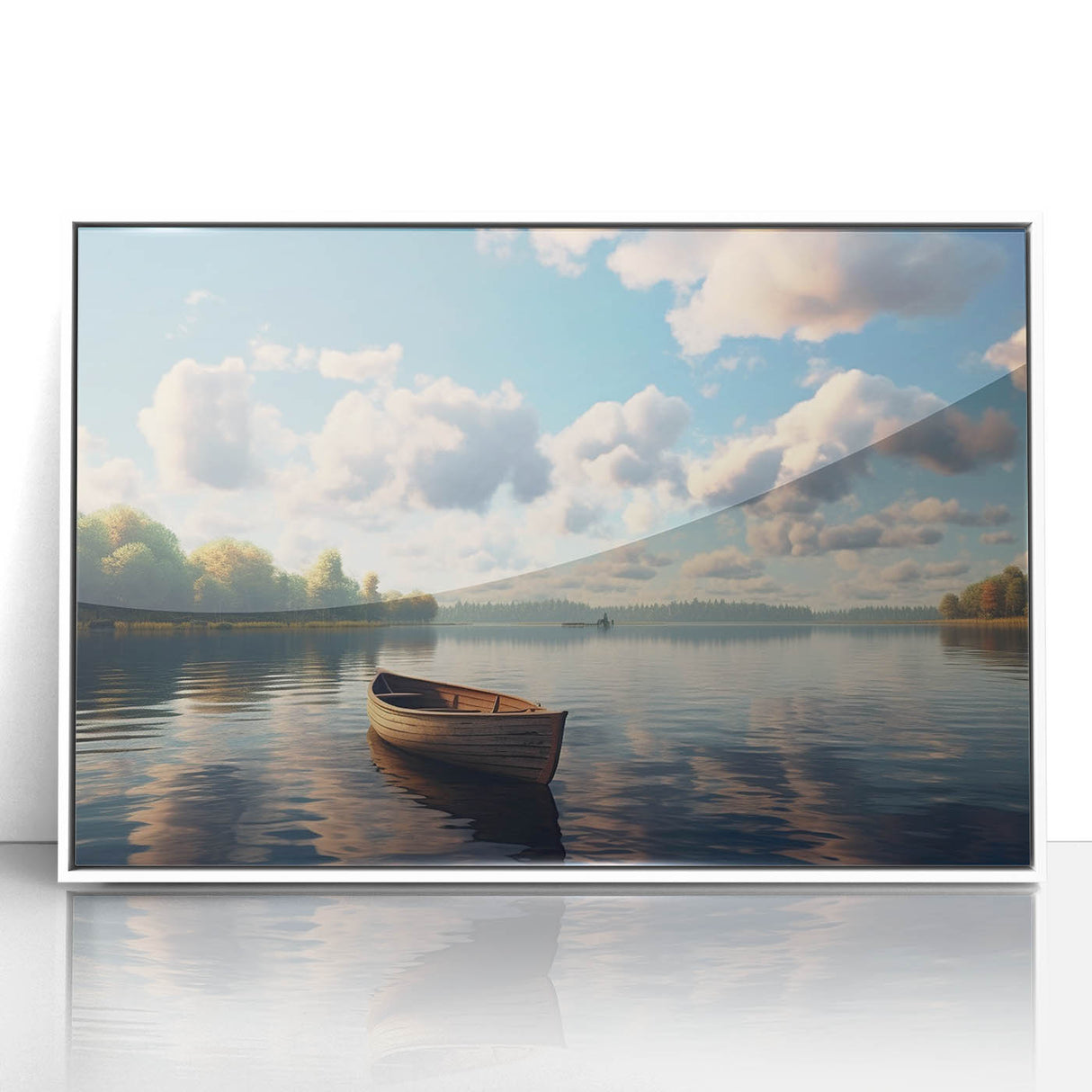Mid-century modernist rowboat depicted in muted blues and whites on a framed acrylic print.