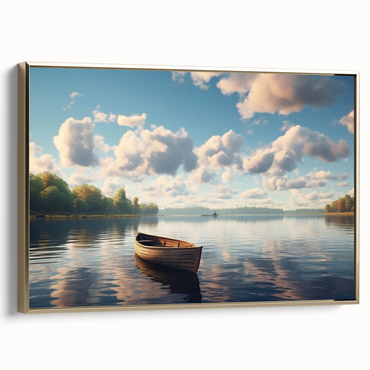 Framed canvas depicting a vintage rowboat on a calm lake, rendered in muted earth tones.
