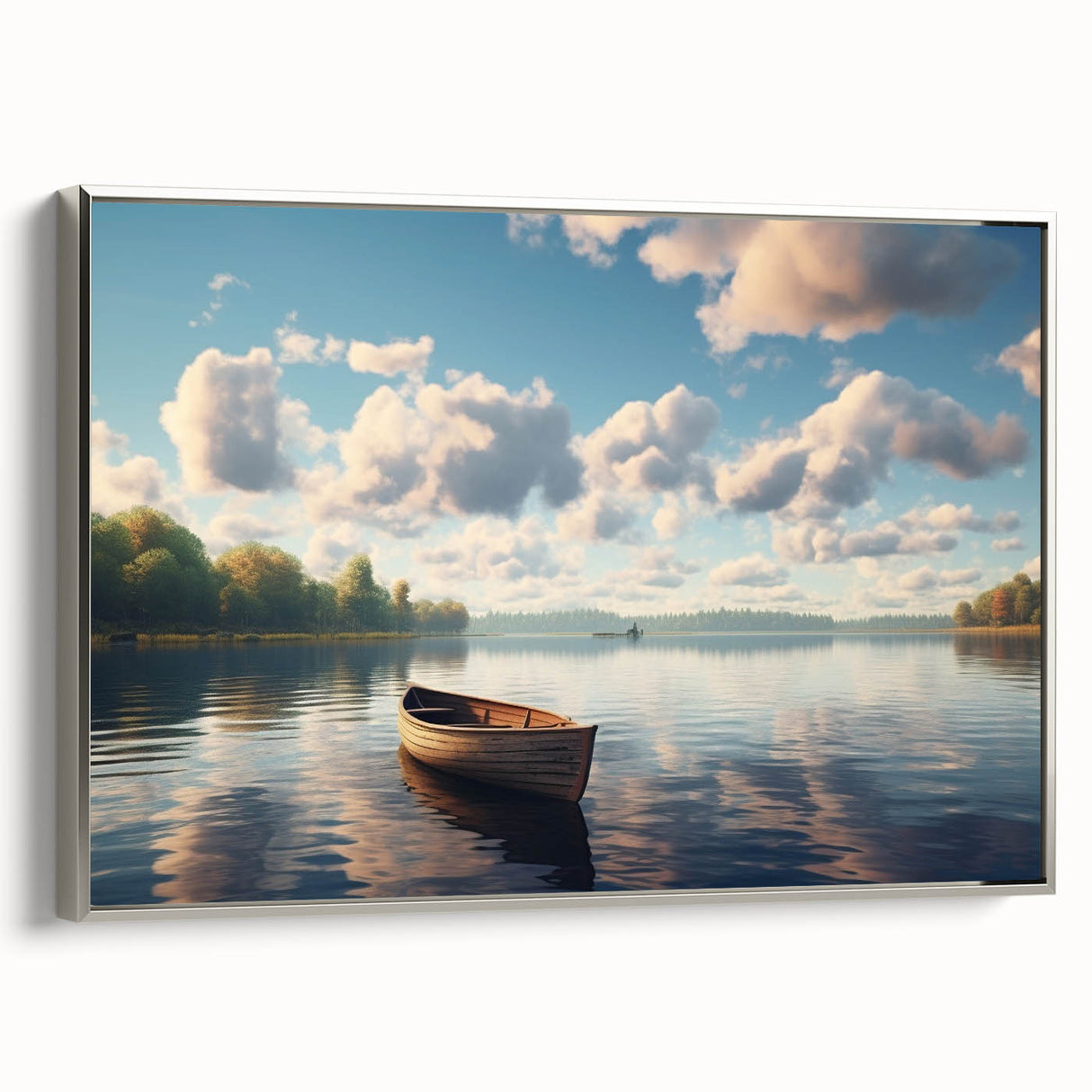 Vintage poster art of a rowboat on canvas, featuring black and colorful hues, framed in silver, ideal for living room decor.