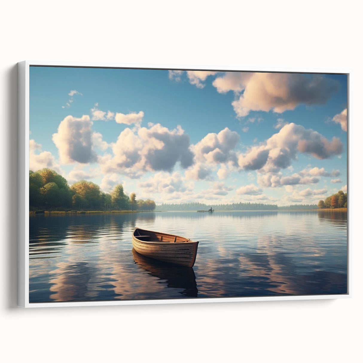 Framed canvas depicting a vintage rowboat on a lake in muted black and gray tones, suitable for bedroom wall art.