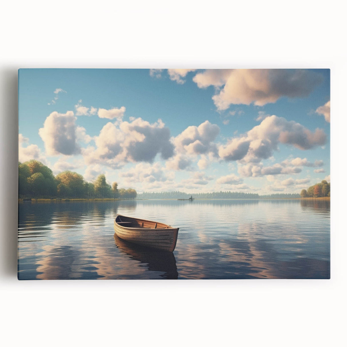 Black and white photo of a rowboat on water, printed on large stretched canvas, suitable for kitchen wall art.
