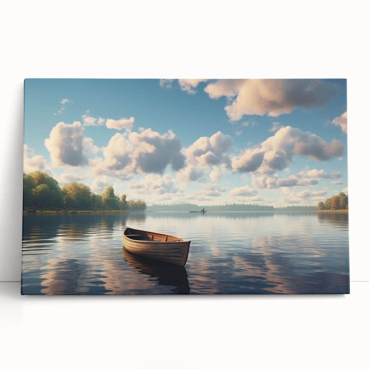 Black and white photo of a rowboat on water, printed on large stretched canvas.