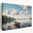 Rowboat on calm lake, captured in soft gray and blue tones on a stretched canvas, suitable for kitchen wall art.