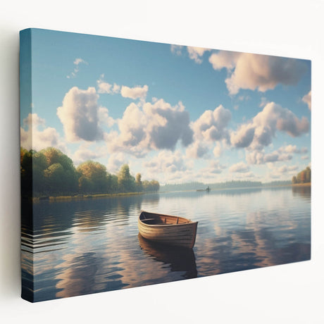 Rowboat on calm lake, captured in soft gray and blue tones on a stretched canvas, suitable for kitchen wall art.