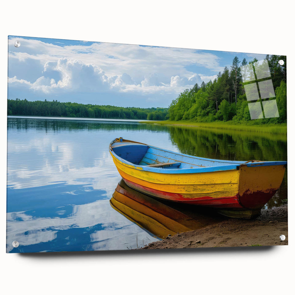 Side view of a rowboat on acrylic glass, in muted blue and gray, ideal for dining room decor.