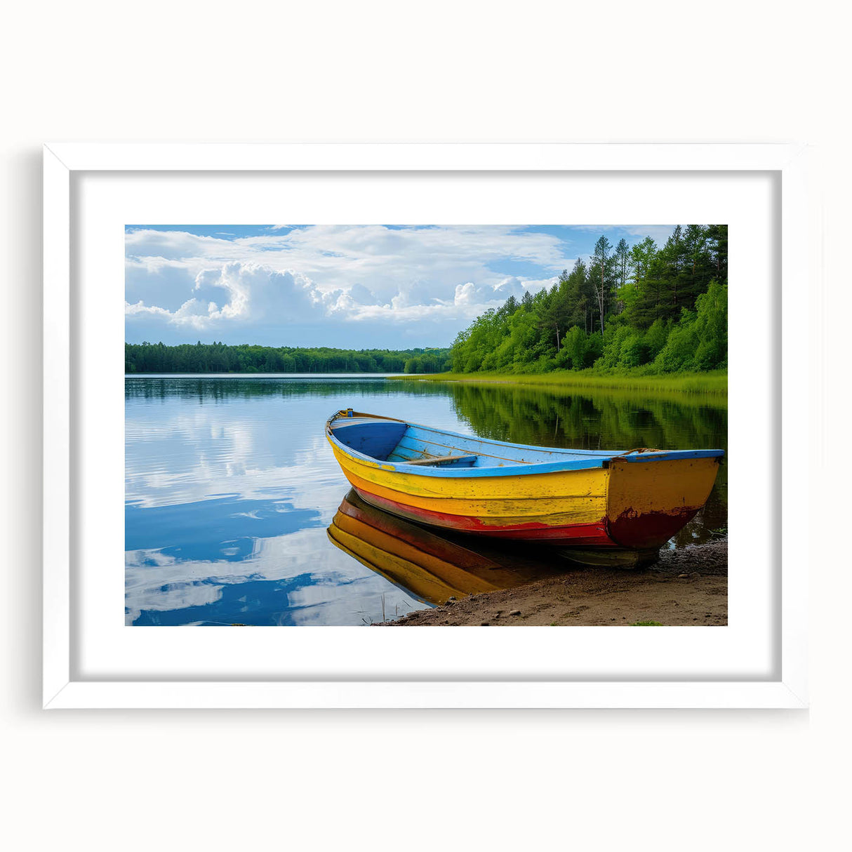 Extra large abstract art print of a rowboat, featuring textured gray and blue tones on a white framed canvas.