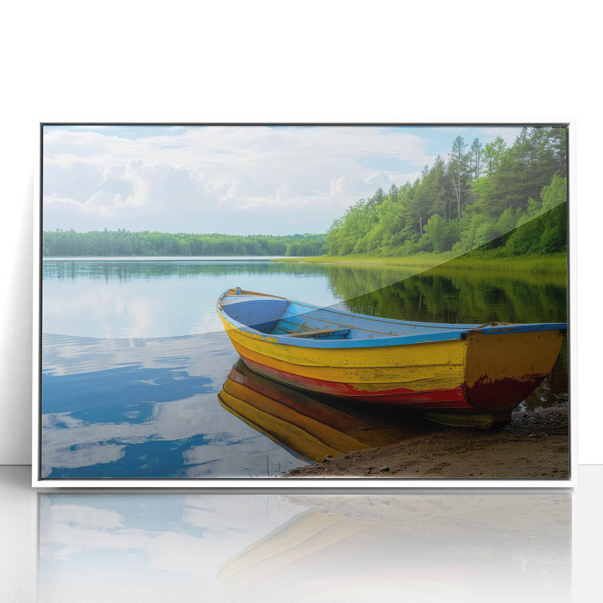 Acrylic print of a rowboat on calm water, using muted blues and grays, framed in white, suitable for modern art wall decor.