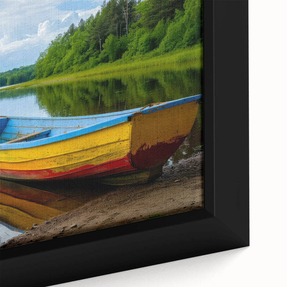 Extra large black wall art on canvas featuring a textured close-up of a rowboat, with colorful accents.
