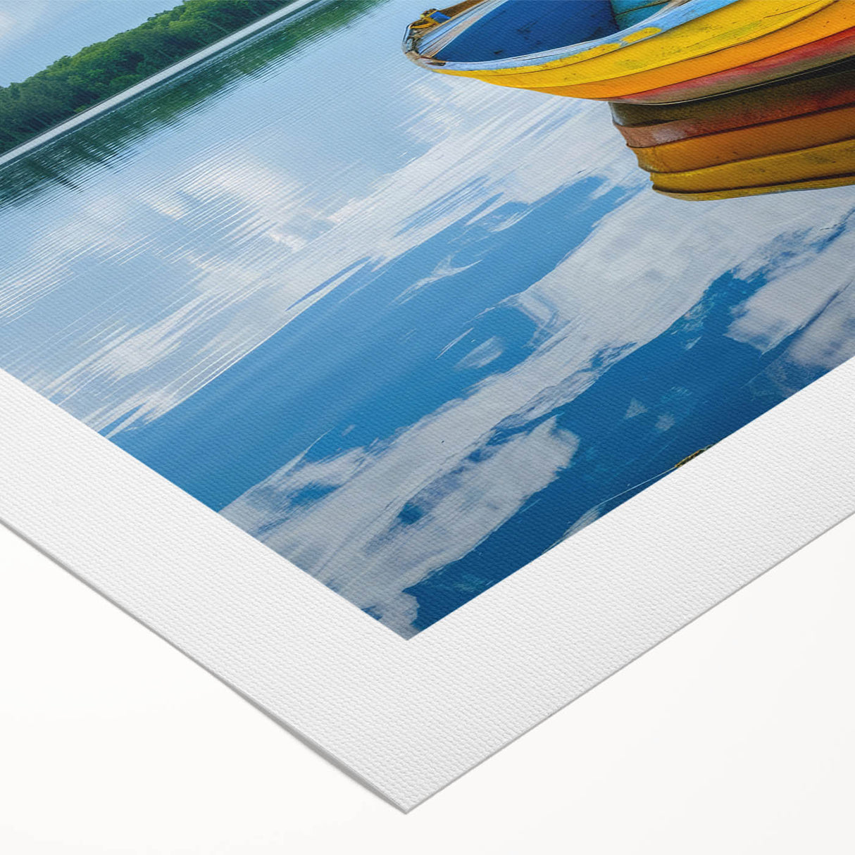 Art deco poster of a rowboat in muted blue and gray tones on rolled canvas, suitable for dining room wall art.