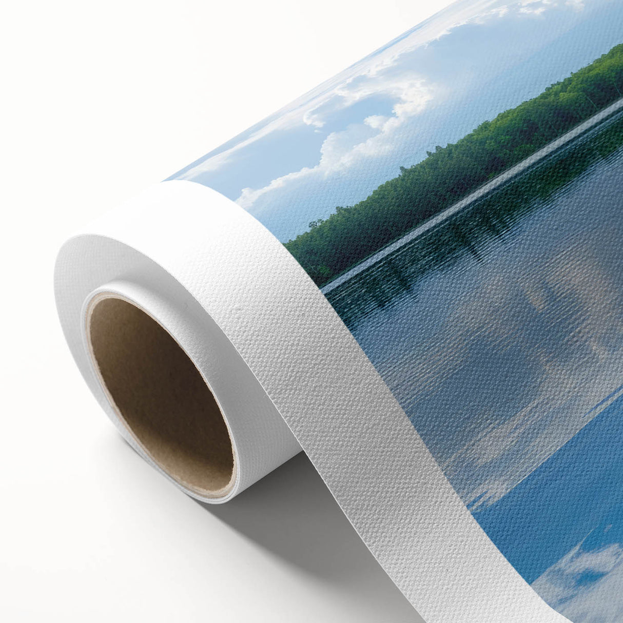 Art deco poster of a rowboat on water, rendered in soft blue and gray tones on rolled canvas, ideal for nursery wall art.