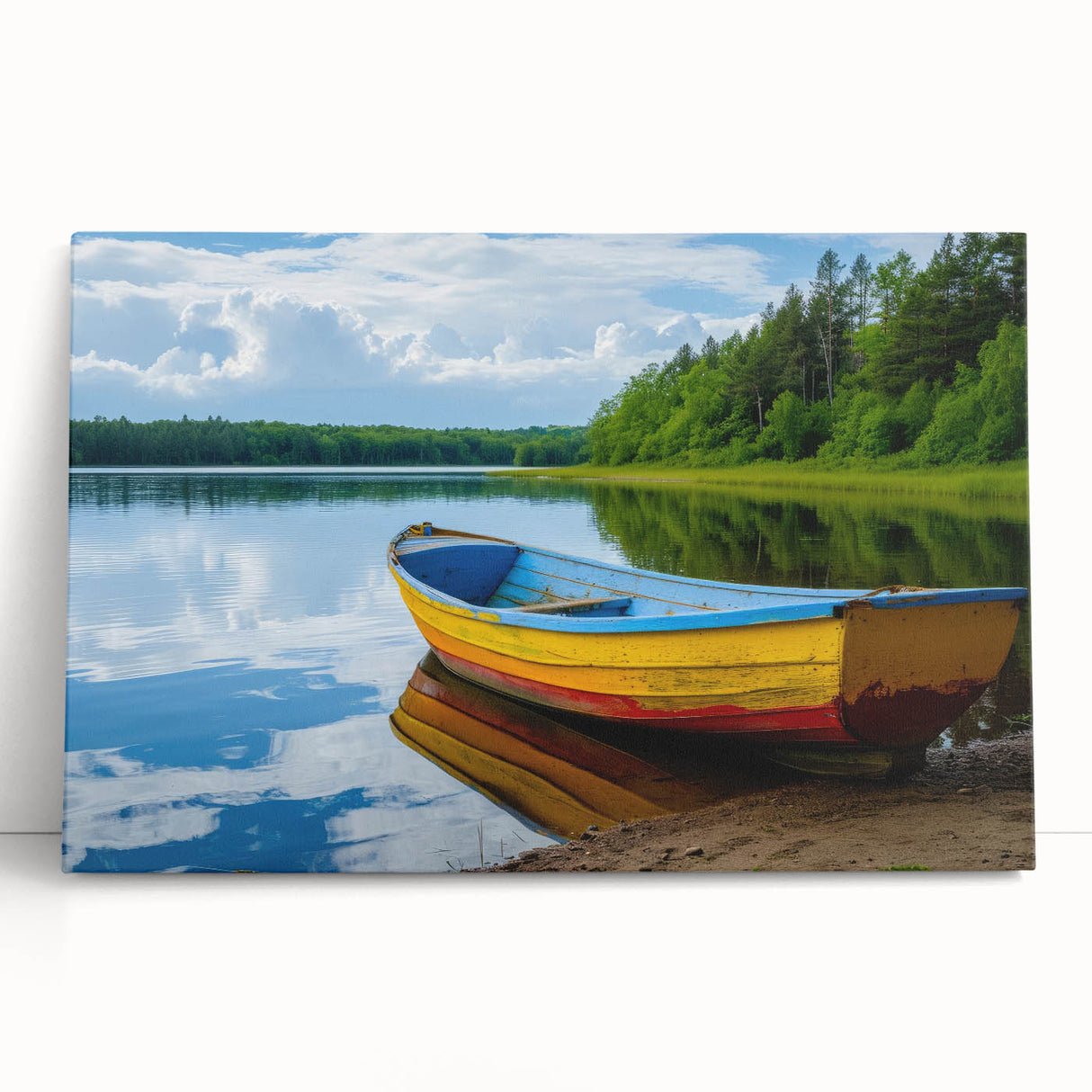 Black and white photo of a rowboat on water, printed on large stretched canvas, ideal for kitchen wall art or bedroom decor.