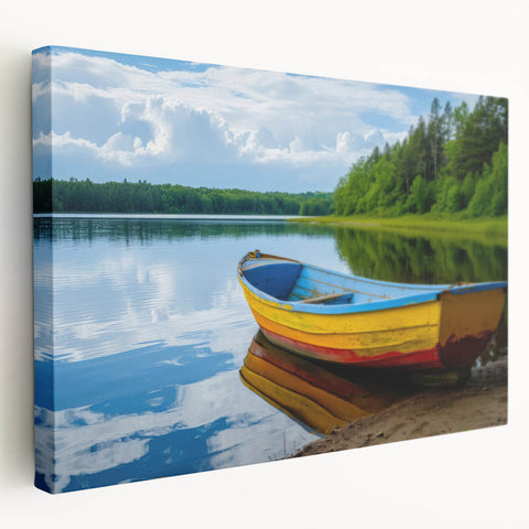 Side view of a rowboat depicted in muted earth tones on a stretched canvas, suitable for kitchen wall art.