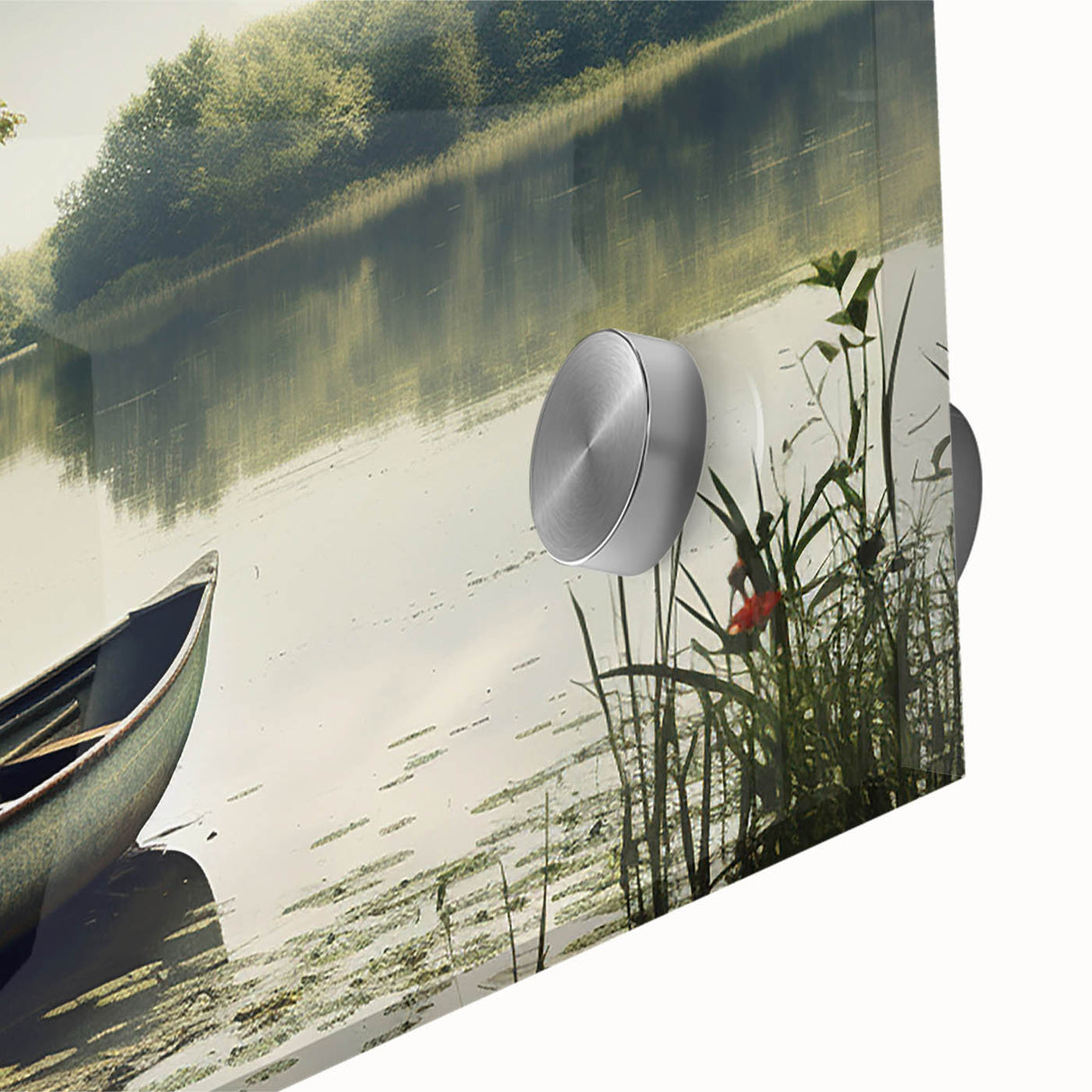Large abstract wall art featuring a rowboat in muted earth tones on acrylic glass, ideal for dining room ambiance.