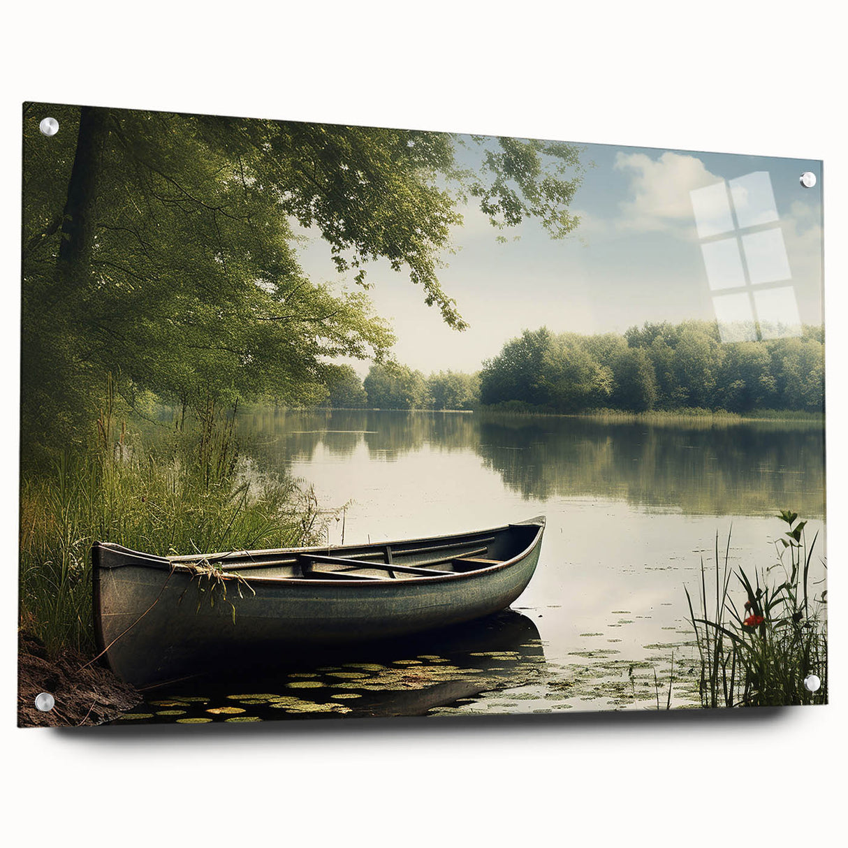 Acrylic print of a rowboat in neutral tones, ideal for dining room or bedroom decor.