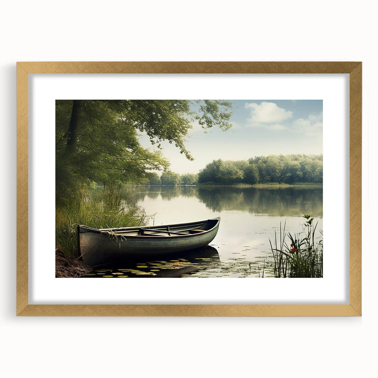 Abstract rowboat design in soft blue and gray tones on textured art canvas, framed in gold, suitable for bedroom wall decor.