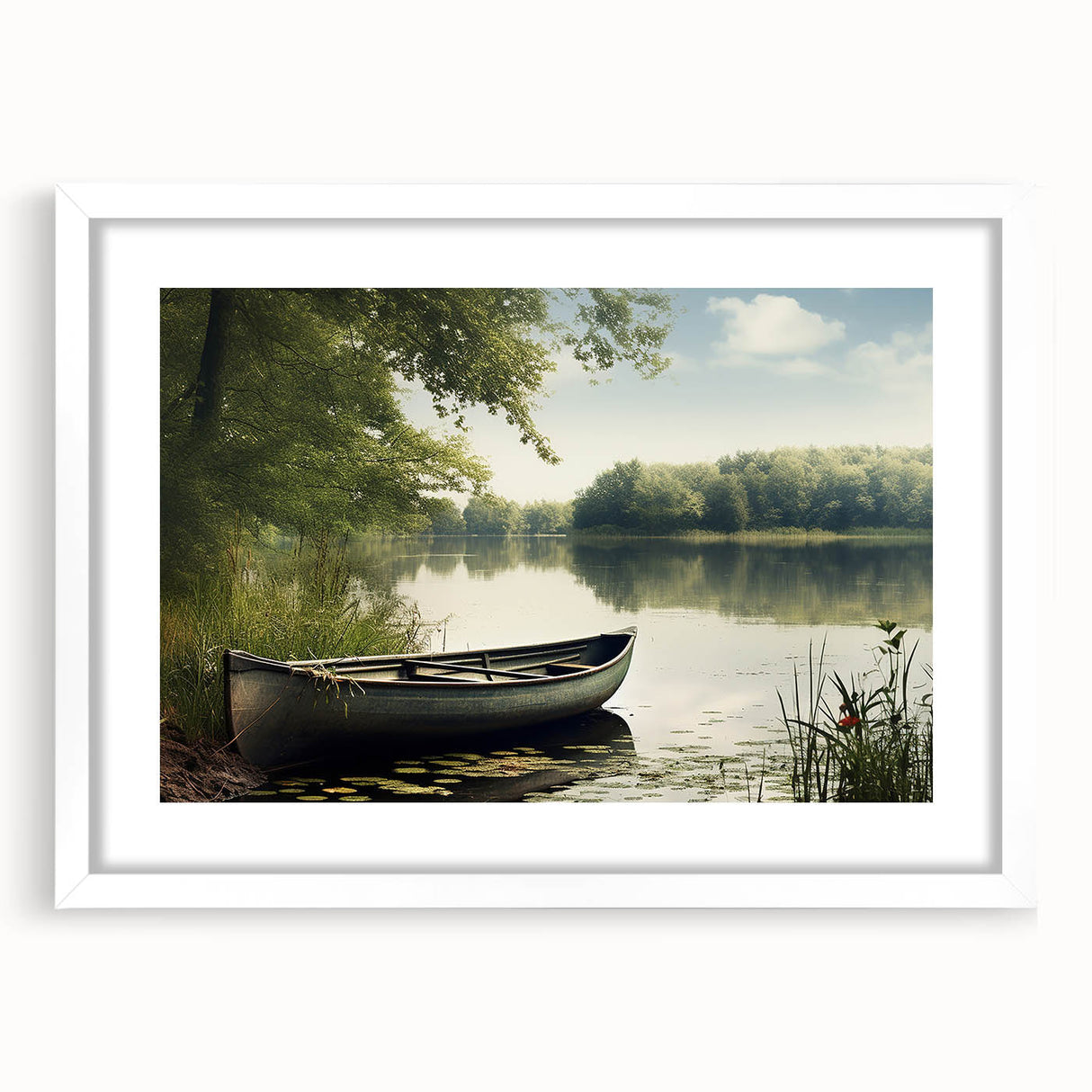 Extra large abstract art print of a textured rowboat in muted earth tones, framed with a white mat.