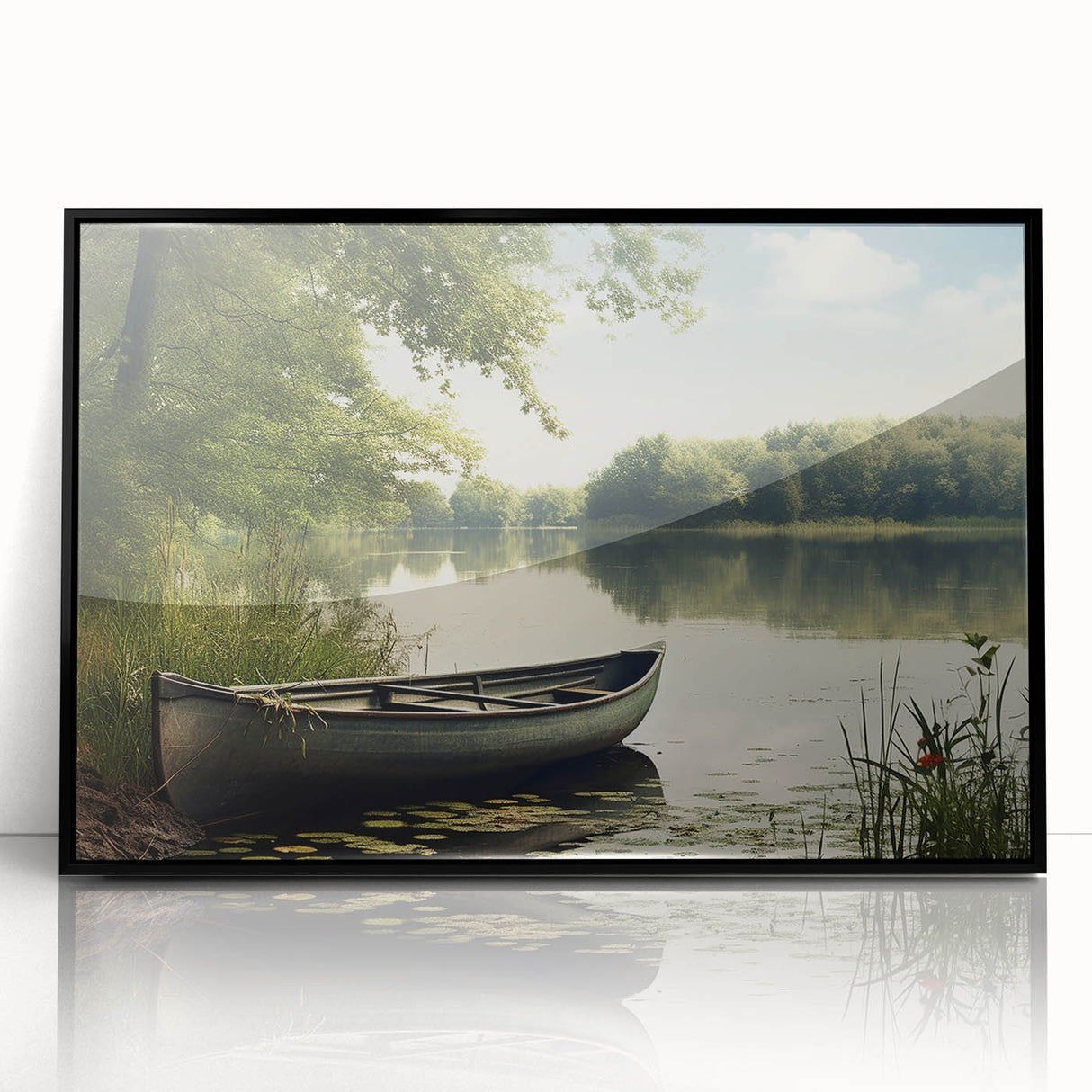 Large abstract wall art featuring a rowboat in muted earth tones on a framed acrylic, ideal for a modern living room.