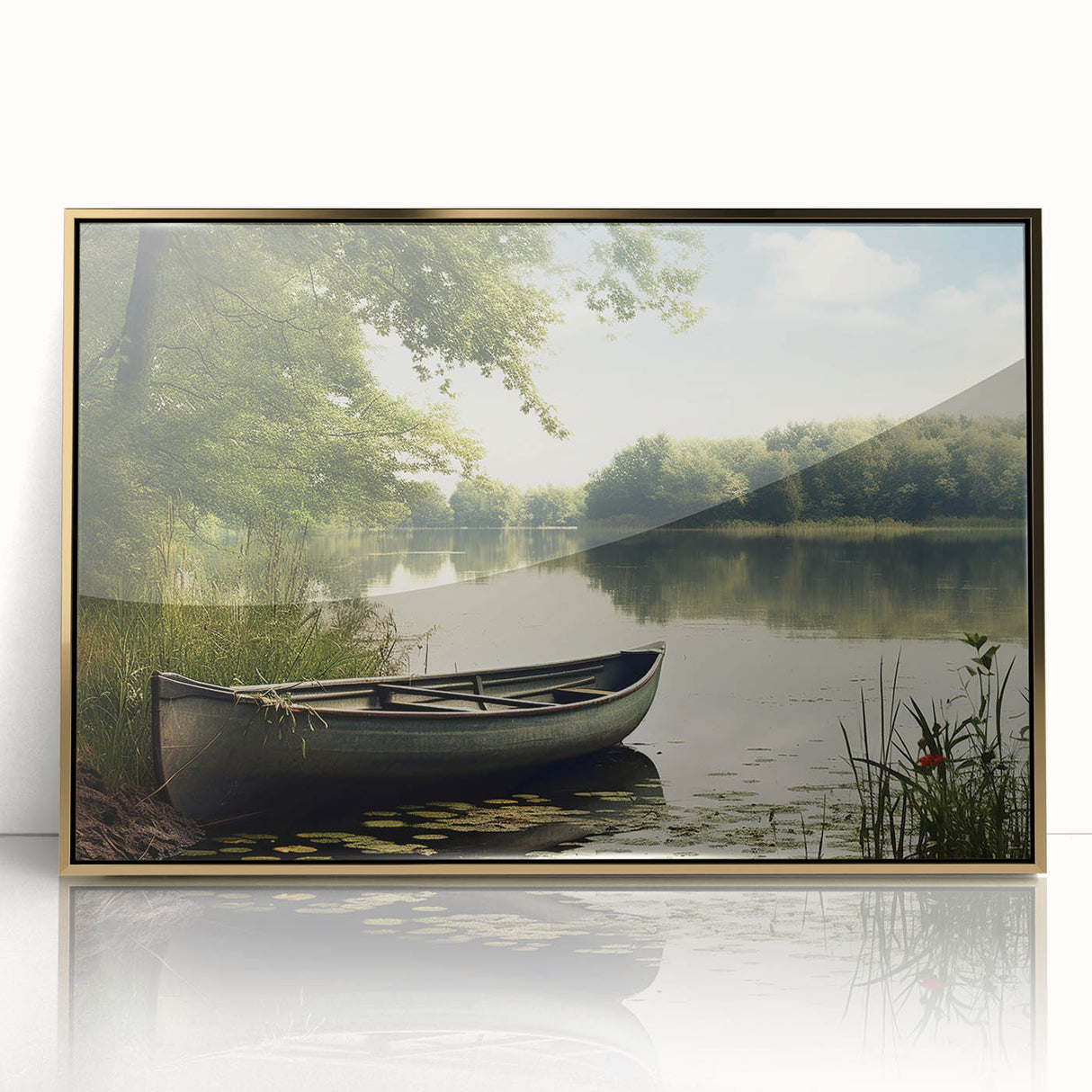 Mid-century modernist art of a rowboat in muted earth tones on a framed acrylic, ideal for nursery wall art.