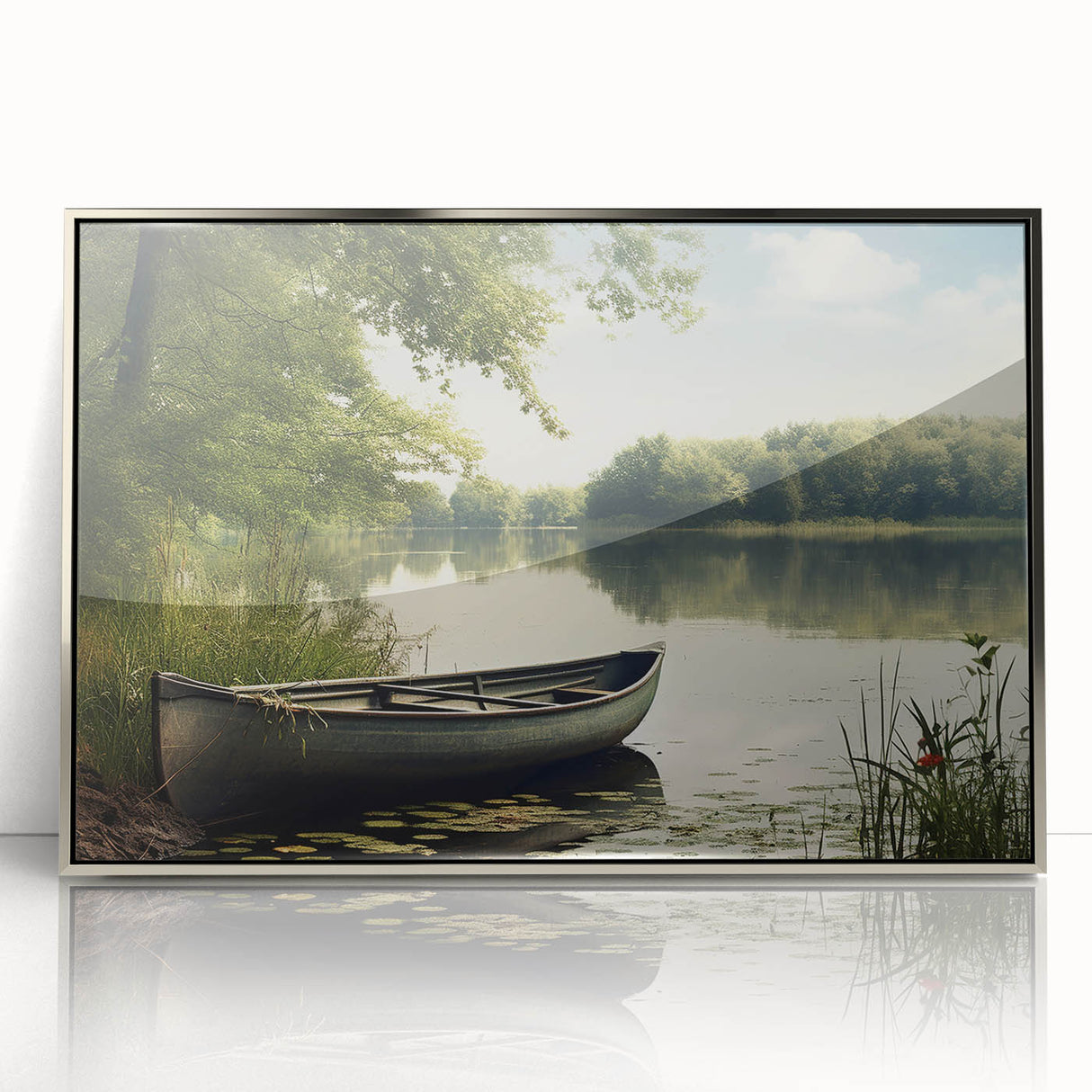 Art deco poster of a silver rowboat on acrylic, with muted blue and gray tones, ideal for modern nursery wall art.