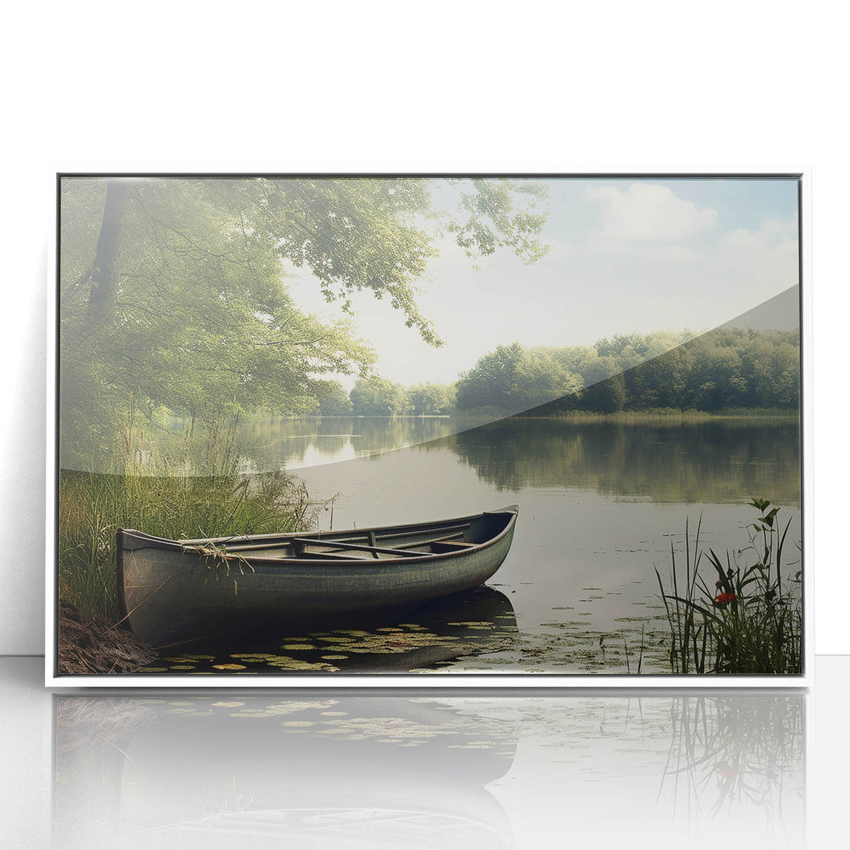 Mid-century modernist art of a rowboat in muted blue and white tones, acrylic print framed in white.
