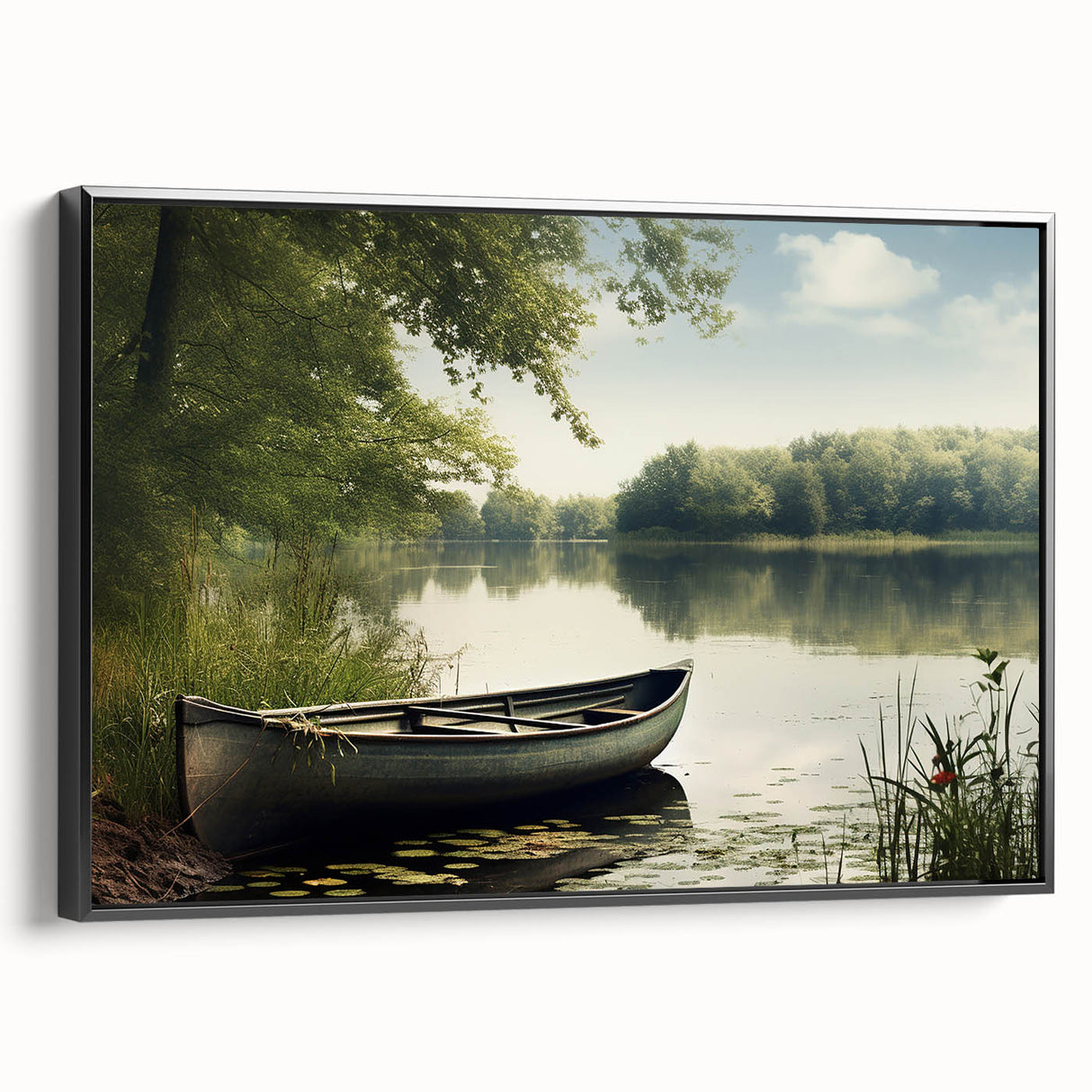 Black and white framed canvas of a vintage rowboat landscape, ideal for bedroom wall art.